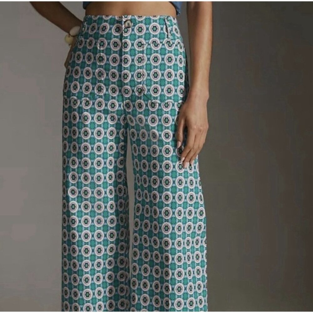 NWT Anthropologie Maeve 26W Wide Leg Colette Cropped Pants Green Motif Pattern - Picture 2 of 6